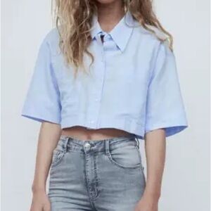 ZARA Blue Button Front Crop Top XS NWT